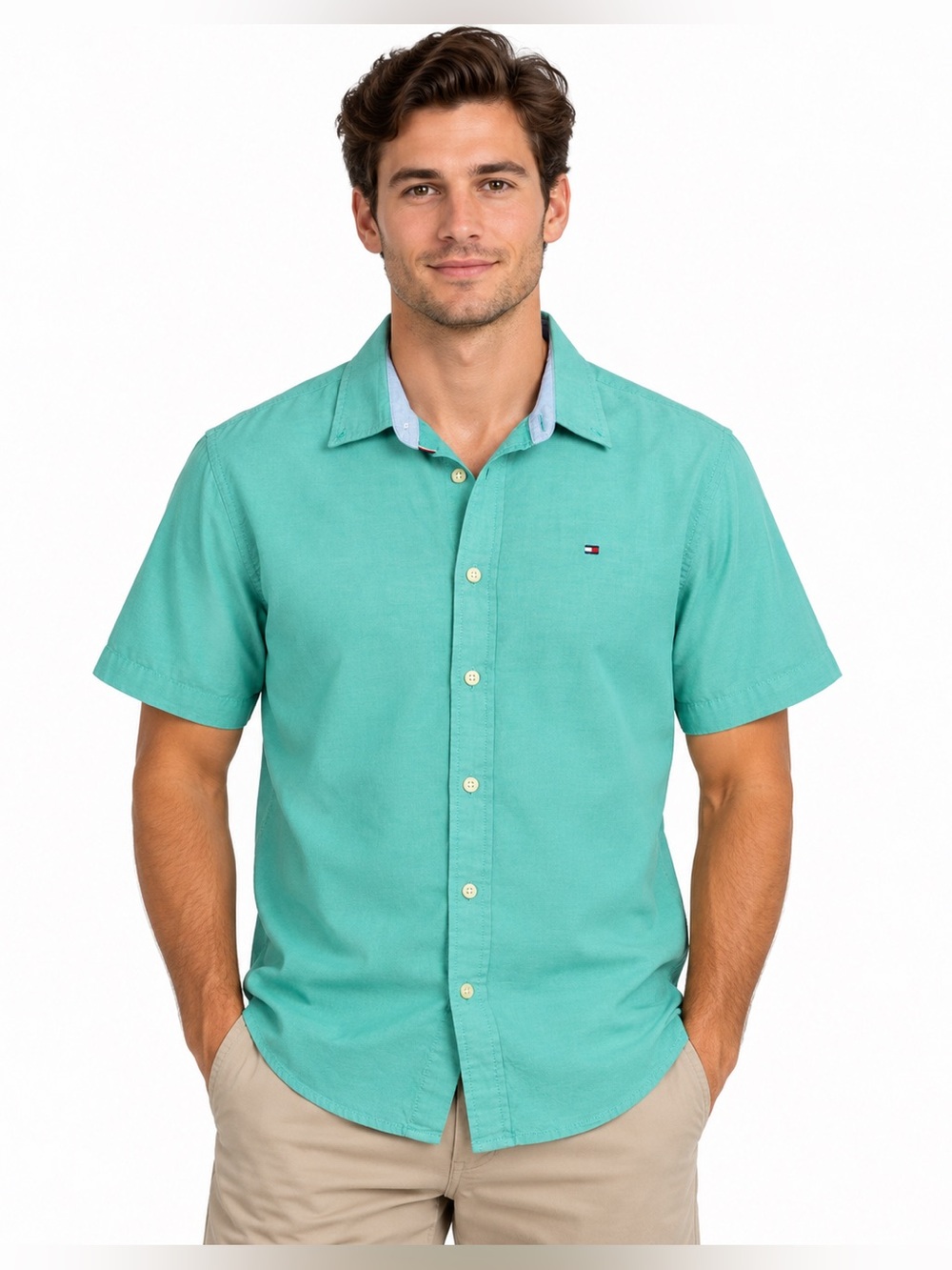 Tommy Hilfiger Men’s Medium Button Down Shirt Aqua Green Short Sleeve Logo